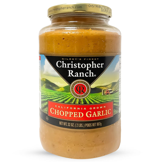 Christopher Ranch Chopped Garlic in Olive Oil, California-Grown Fresh, Ready-to-Use, Premium Quality, Gluten-Free, Vegan-Friendly, Pantry Essential, 32 oz Jar