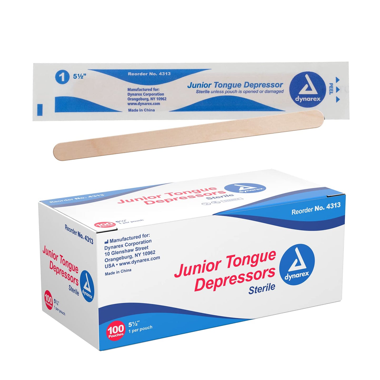 Dynarex Tongue Depressors, Sterile, 5.5" Junior-Sized Length, Made from Beige Birch Wood, Comes in Boxes of 100, 1 Case of 1000