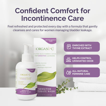 Organyc Feminine Wash for Incontinence, Gentle Intimate Wash for Women with Thyme Extract, Feminine Hygiene Supplies, 8.5 fl oz