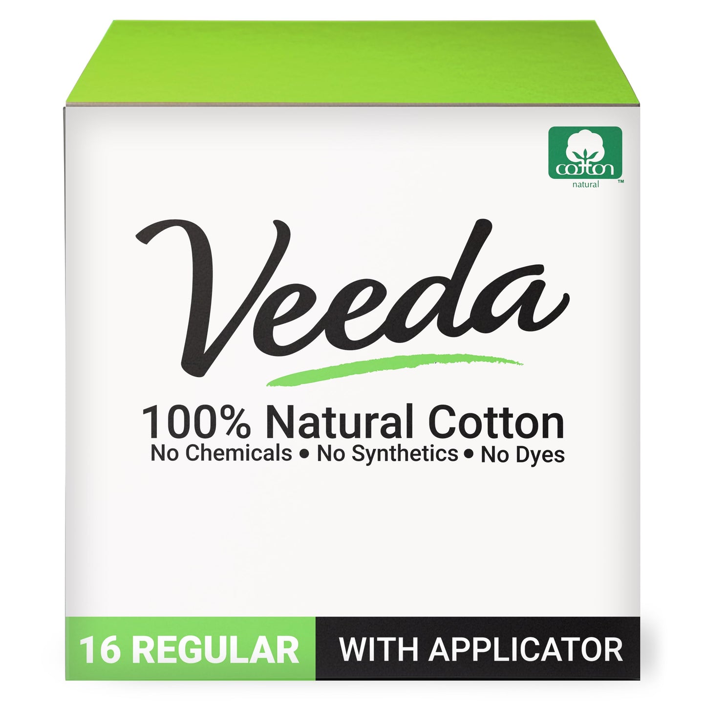 Veeda 100% Natural Cotton Tampons - Regular Absorbency with Leak Proof Protection - Compact BPA-Free Applicator - Unscented & Free from Chlorine, Toxin - 16 Count
