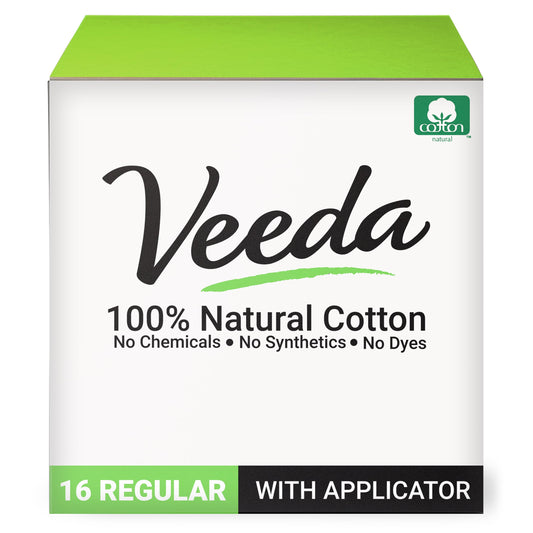 Veeda 100% Natural Cotton Tampons - Regular Absorbency with Leak Proof Protection - Compact BPA-Free Applicator - Unscented & Free from Chlorine, Toxin - 16 Count