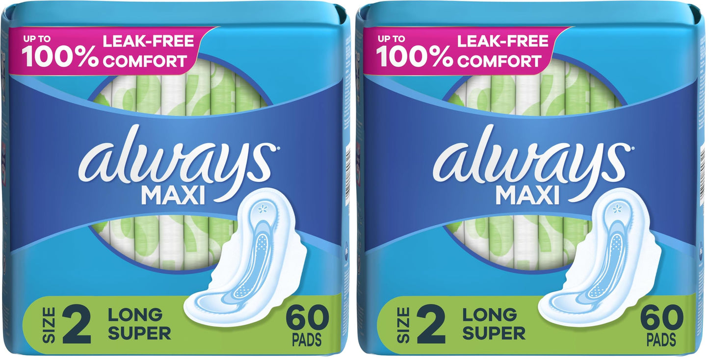Always Maxi Feminine Pads for Women, Size 2 Long Super Absorbency, with Wings, Unscented, 60 Count (Pack of 2)