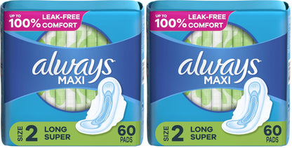 Always Maxi Feminine Pads for Women, Size 2 Long Super Absorbency, with Wings, Unscented, 60 Count (Pack of 2)