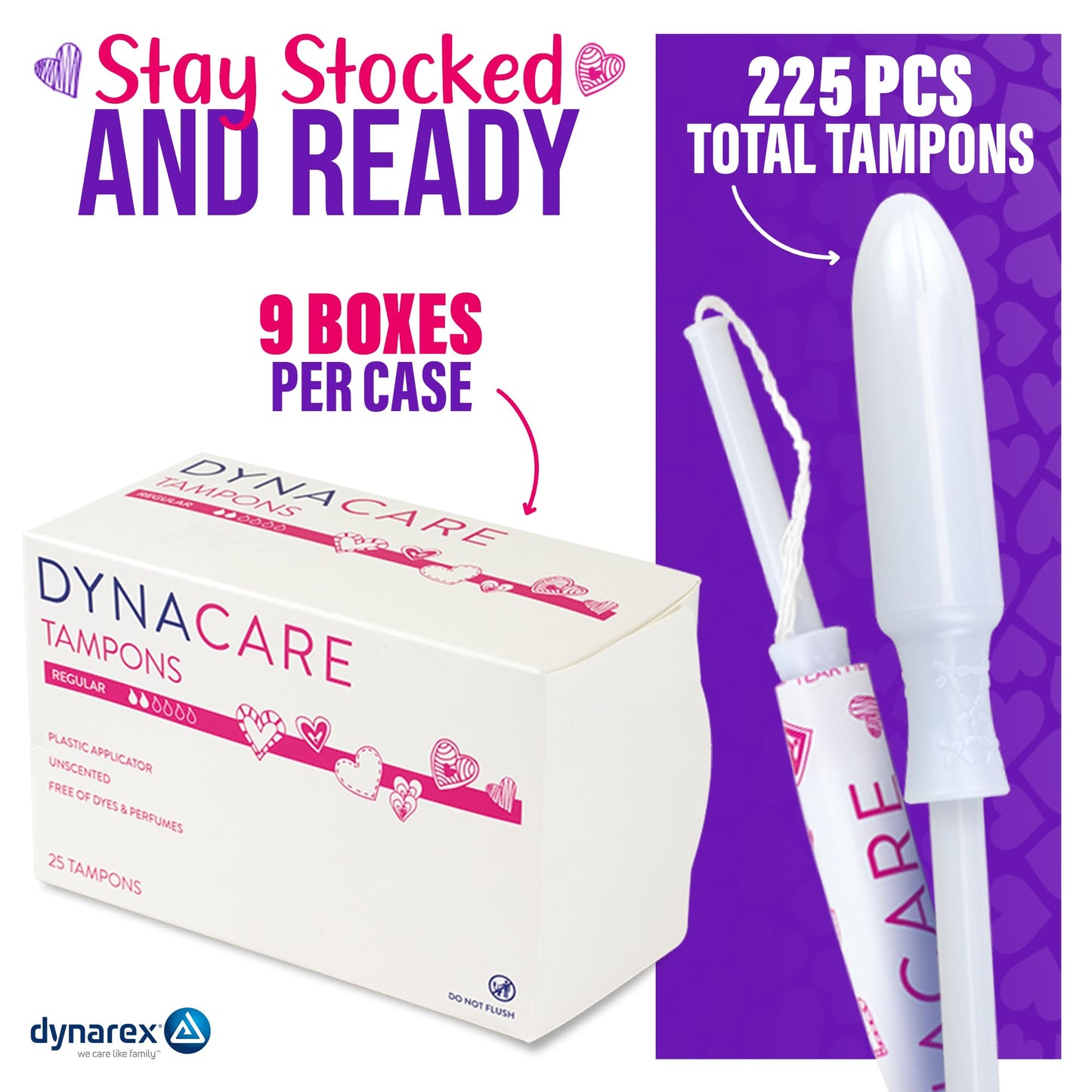 Dynarex Regular Tampons – Bulk Feminine Hygiene Product with Plastic Applicator – 6-Hour Protection – 9 Boxes, 225 Total Tampons