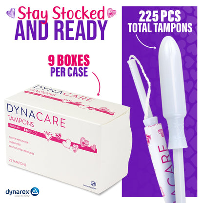 Dynarex Regular Tampons – Bulk Feminine Hygiene Product with Plastic Applicator – 6-Hour Protection – 9 Boxes, 225 Total Tampons