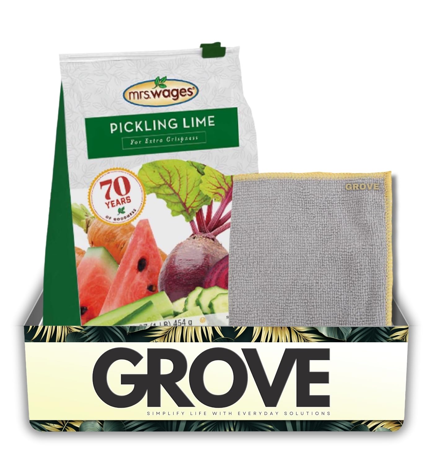 Mrs. Wages Pickling Lime 16 oz Bundle with Microfiber Cloth – Ideal for Crisp Pickles, Green Tomatoes, Watermelon Rinds, and More – Gift Set (2 Items)