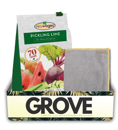 Mrs. Wages Pickling Lime 16 oz Bundle with Microfiber Cloth – Ideal for Crisp Pickles, Green Tomatoes, Watermelon Rinds, and More – Gift Set (2 Items)