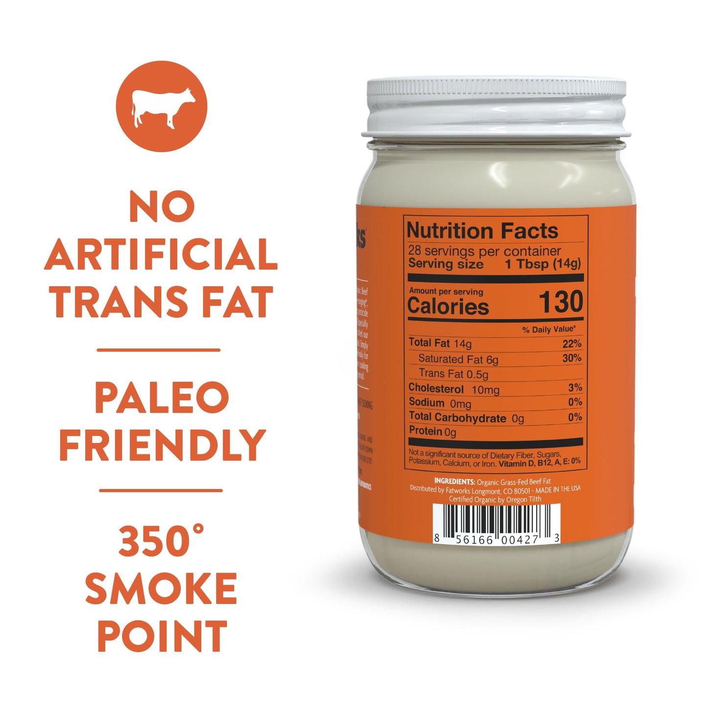 Fatworks Organic Grass-Fed Beef Tallow, Certified Organic Non-Gmo Pasture-Raised Beef Tallow, sourced from several small family ranchers, KETO friendly, exclusive to Fatworks, 14 oz.