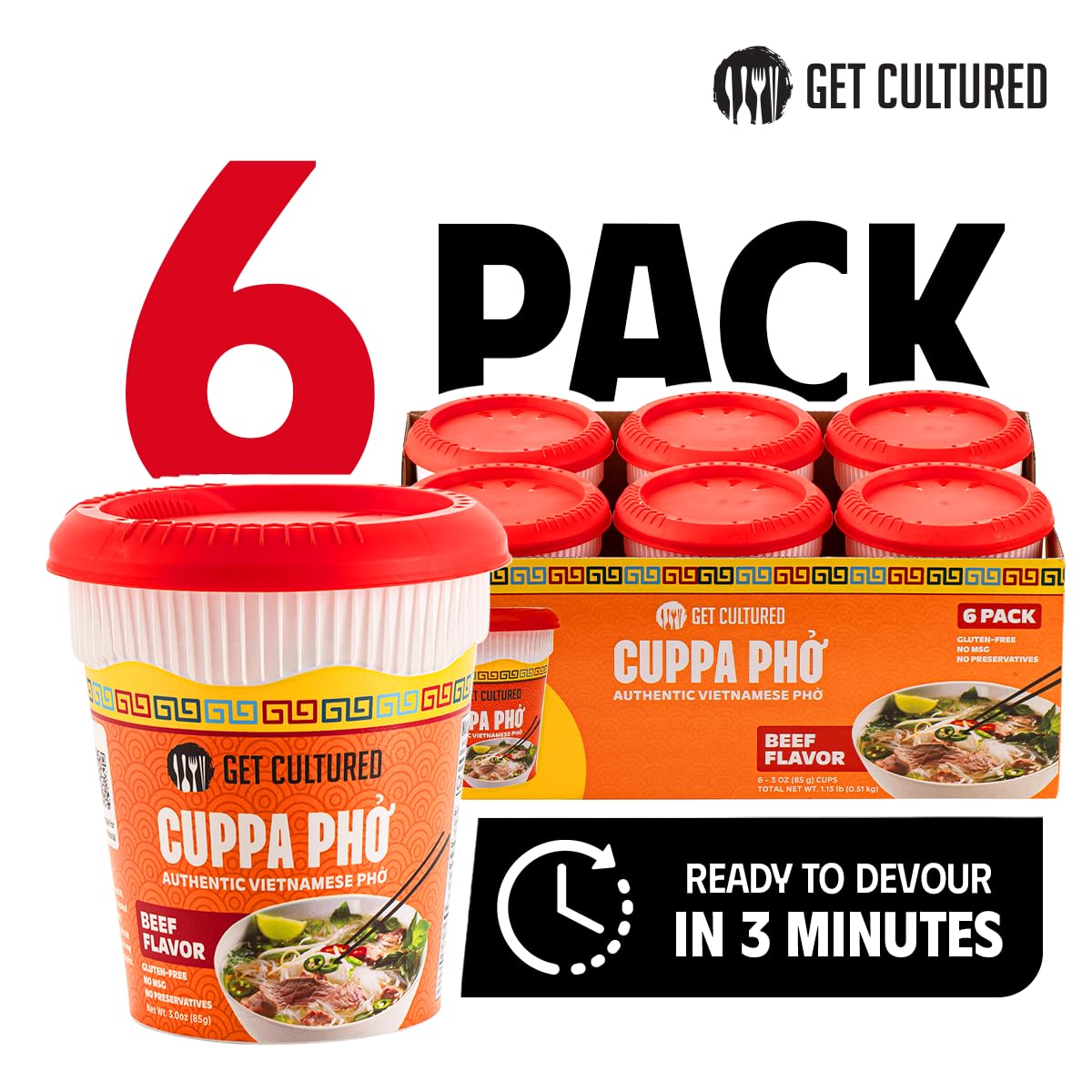 Get Cultured Instant Beef Pho Noodle Soup - Authentic Vietnamese Cuppa Pho with Spices & Dried Herbs | Premium Microwavable Noodle Soup, Gluten Free & Low Sodium 3.0 oz (6-Pack)