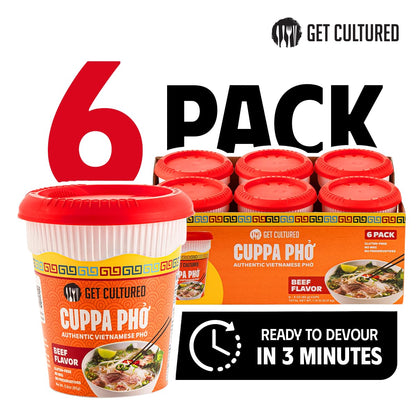 Get Cultured Instant Beef Pho Noodle Soup - Authentic Vietnamese Cuppa Pho with Spices & Dried Herbs | Premium Microwavable Noodle Soup, Gluten Free & Low Sodium 3.0 oz (6-Pack)
