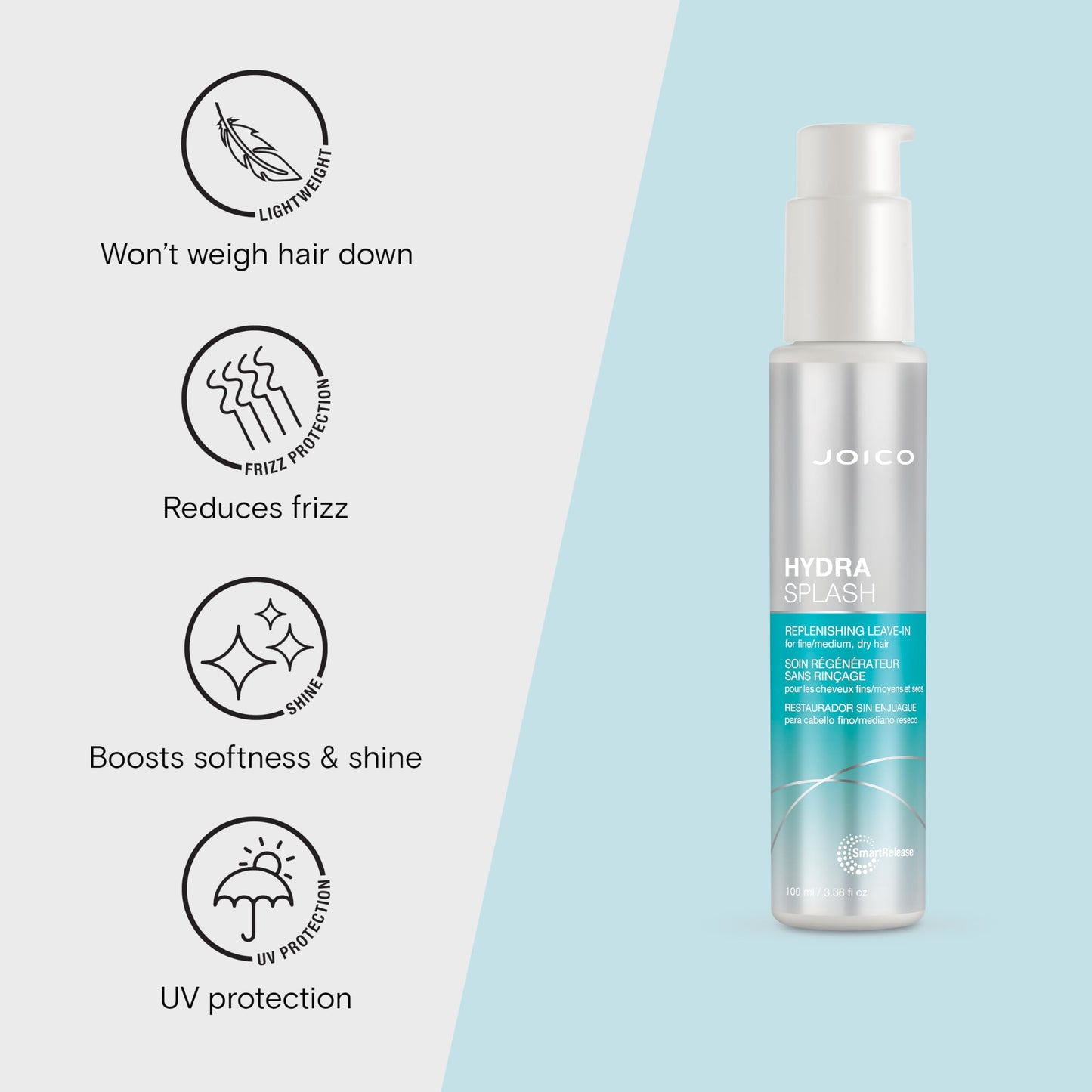 Joico HydraSplash Replenishing Leave-In | For Fine, Medium, Dry Hair | Boost Shine & Softness | Tame Frizz & Hydrate | With Sea Kelp & Coconut Water | 3.38 Fl Oz