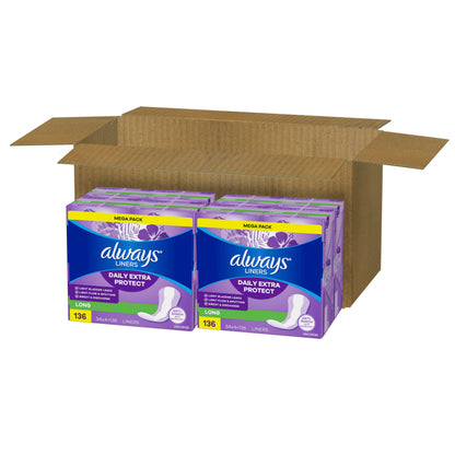 Always Daily Extra Protect Liners, Long Length, Unscented Panty Liners, 544 Count (Pack of 2)