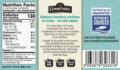Sardines | Connetable | Sardines in Water | Skinless Boneless | No salt added | 4.375 Ounce | Pack of 12