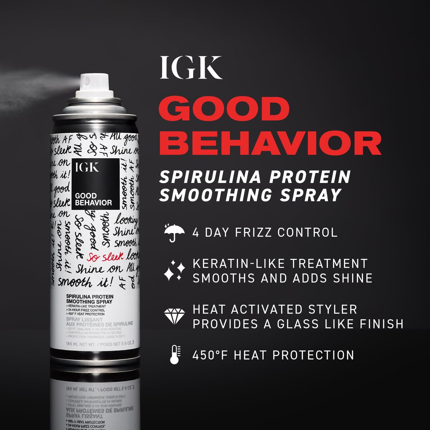IGK Good Behavior Smoothing Spray 12 oz | 4 Day Anti-Frizz Heat Protectant with 450°F Protection | Keratin-Like Finish for Sleek, Shiny Hair | Lightweight, Vegan & Color Safe