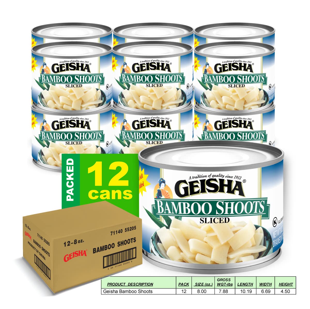 GEISHA Bamboo Shoots Sliced 8OZ. (Pack of 12), Bamboo Shoots | Kosher Certified － No Salt & Sugar added － Gluten Free－Less than 100 Calories per Container
