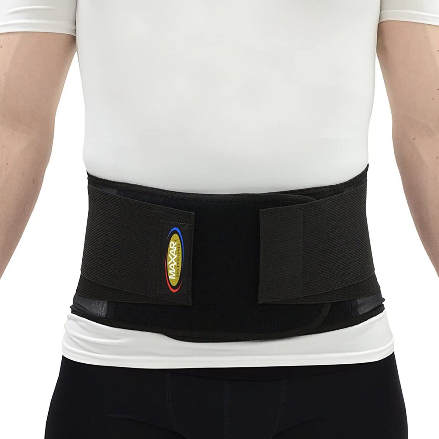 MAXAR Economy Work Belt, Industrial Lumbosacral Support, 8" Wide Adjustable Back Brace, Breathable Mesh Design with Double Pull, Black (Small)