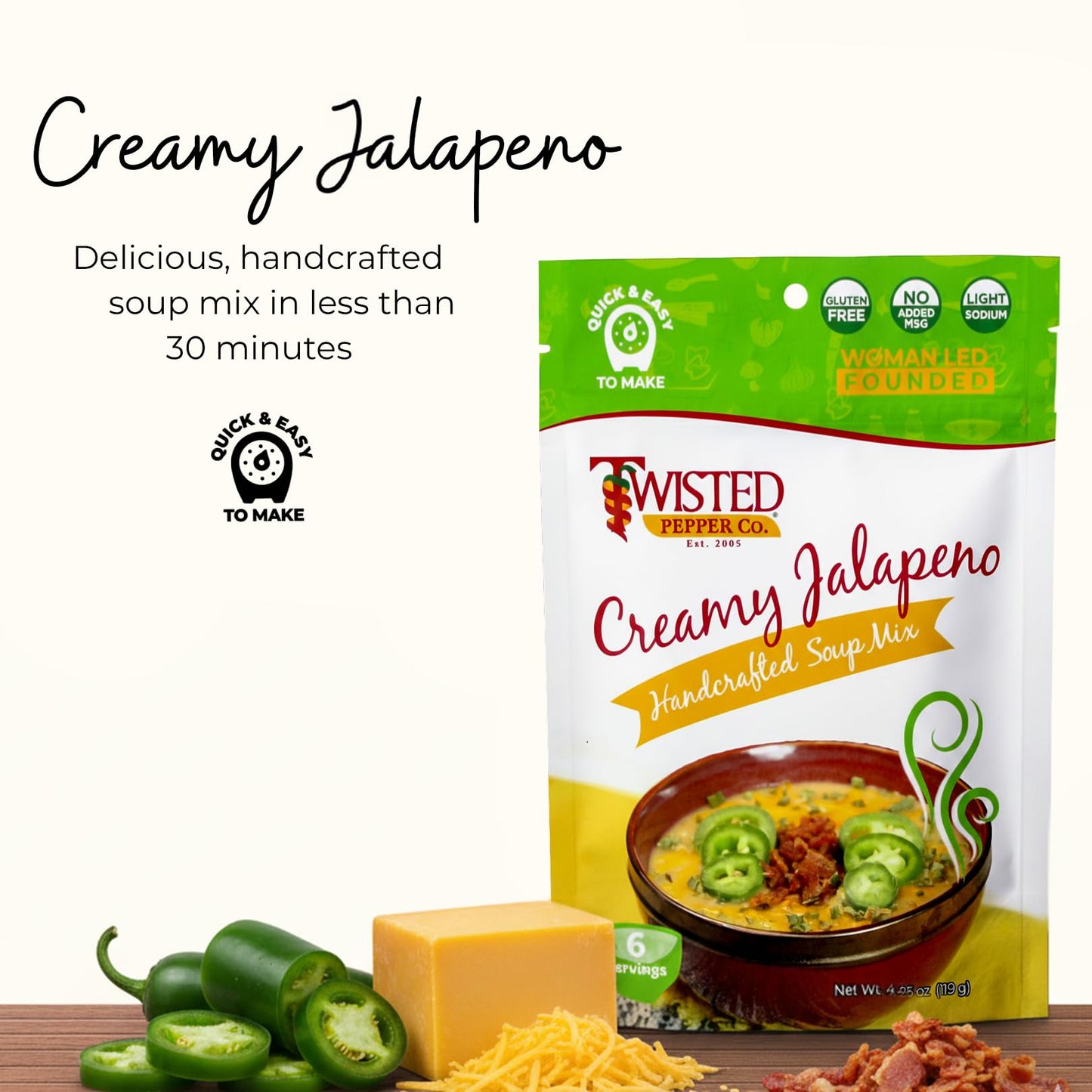 Twisted Pepper Co. Creamy Jalapeño Dry Soup Mix – Handcrafted Homestyle Creamy Soup, Gluten-Free, Rich Flavor with Jalapeños, Bacon Bits, Green Chilies, Cheddar Cheese, – Serves 6