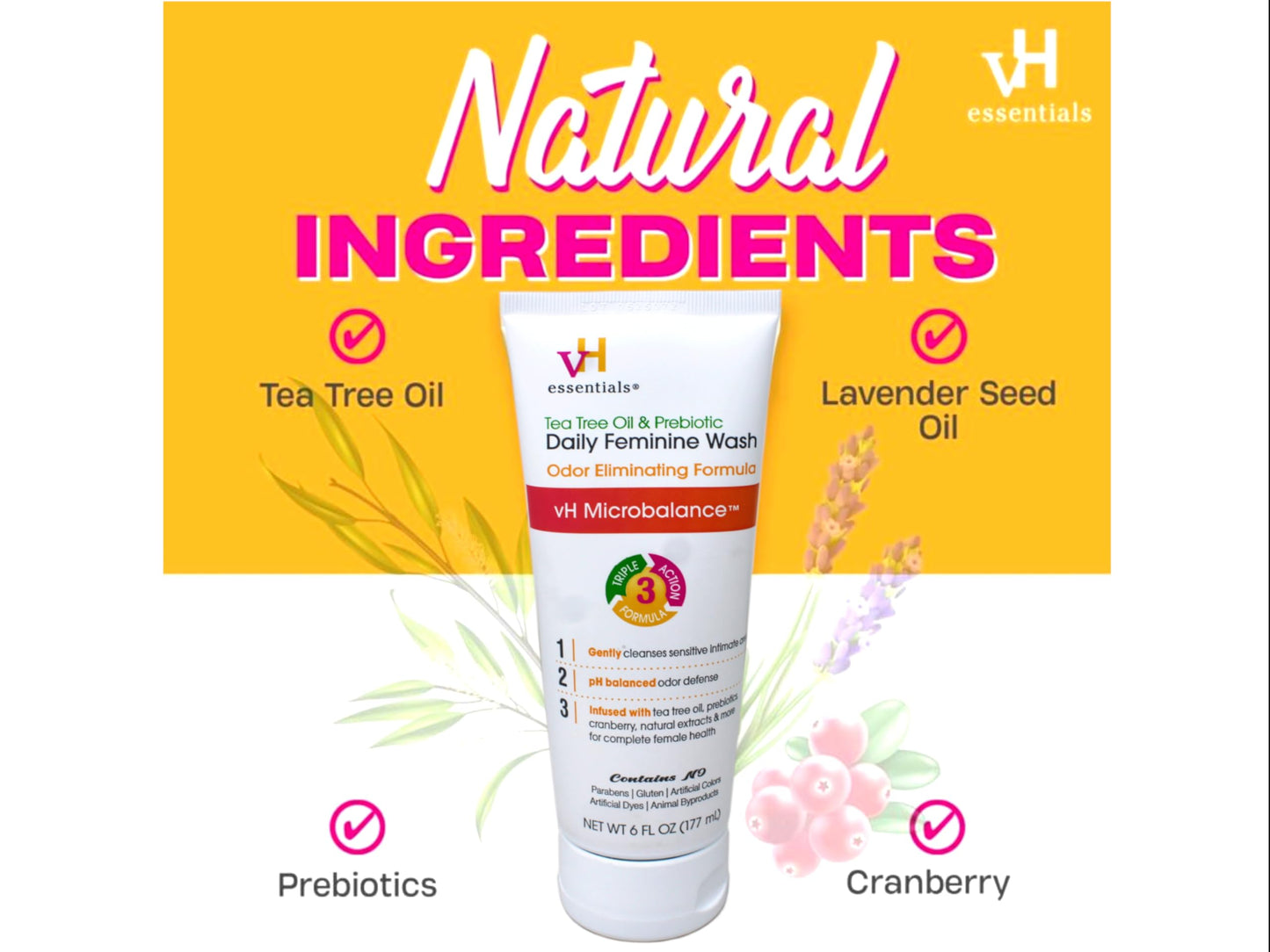 vH essentials Intimate Feminine Wash, pH Balanced with Tea Tree Oil, Cranberry, Prebiotics Odor Eliminating Formula, 6 FL OZ - 3 Pack
