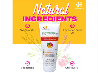 vH essentials Intimate Feminine Wash, pH Balanced with Tea Tree Oil, Cranberry, Prebiotics Odor Eliminating Formula, 6 FL OZ - 3 Pack