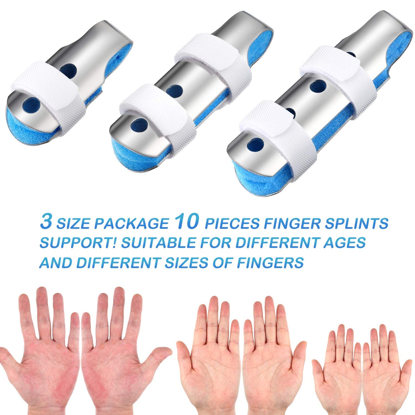 BBTO 10 Pieces Finger Splints Metal Padded Support Finger Stabilizer with Soft Foam Interior and Loop Straps, 3 Sizes(10 Pieces,Blue)