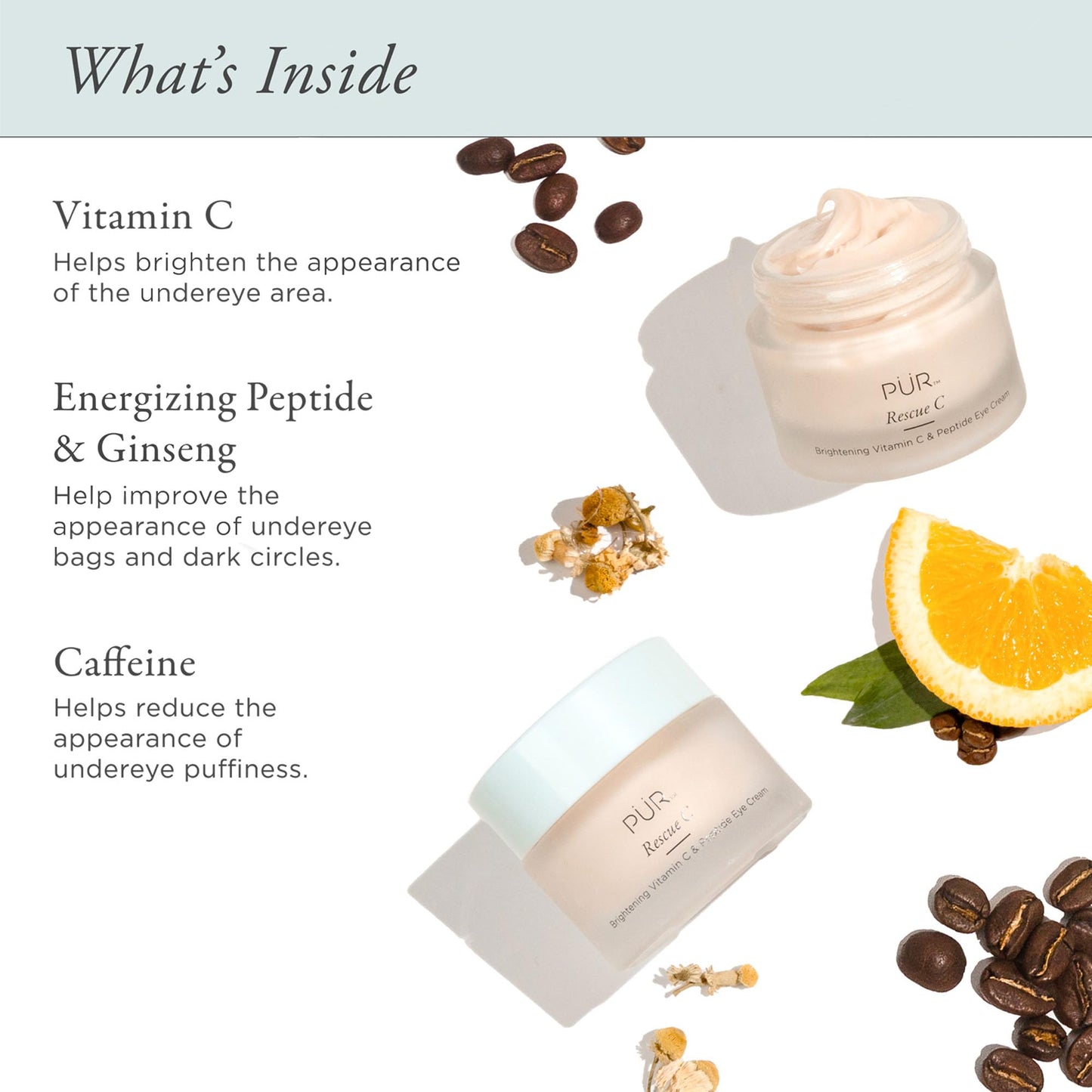 PÜR MINERALS Rescue C Brightening Vitamin C & Peptide Eye Cream, Vitamin C, Caffeine, Peptide, 0.5 oz