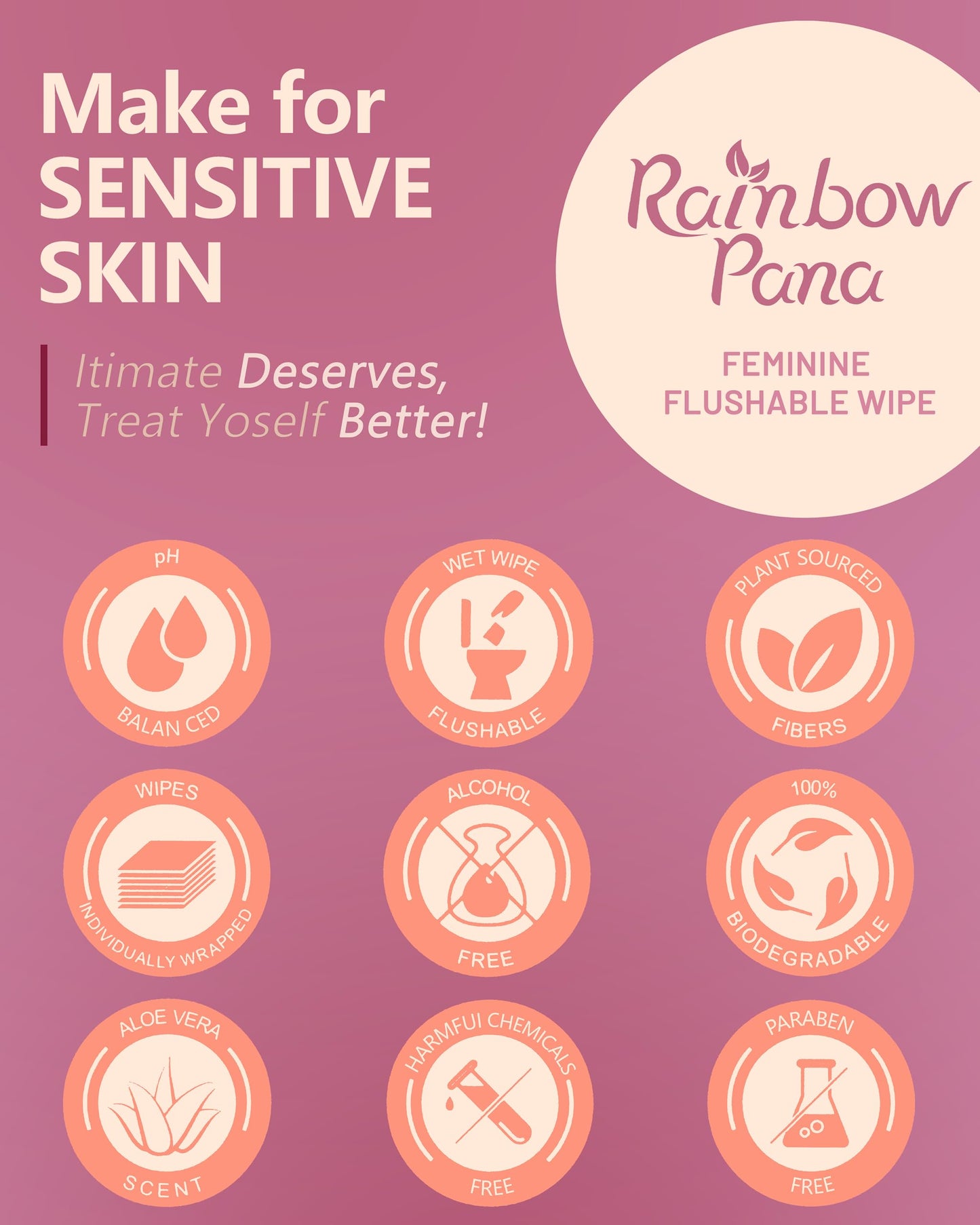 RainbowPana Feminine Wipes, 120 Count ON-THE-GO Individually Wrapped | Flushable Wipes, Travel Wipes for Women, Pre/Post-Intimacy Cleansing | Aloe, Portulaca, Vitamin E | pH Balanced, Biodegradable
