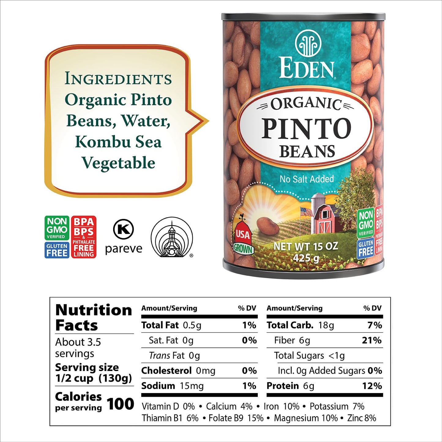 Eden Organic Pinto Beans, 15 oz Can (12-Pack), No Salt Added, Non-GMO, Gluten Free, Vegan, Kosher, U.S. Grown, Heat and Serve, Macrobiotic, Frijol Pinto