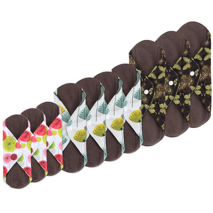 Teamoy 10pcs Cloth Panty Liners, Reusable Sanitary Pads with Wet bag, Washable Cloth Menstrual Pads with Charcoal Absorbency Layers (Country Style, 3pcs×7.9''+4pcs×10''+3pcs×11.6''), 11 Piece Set