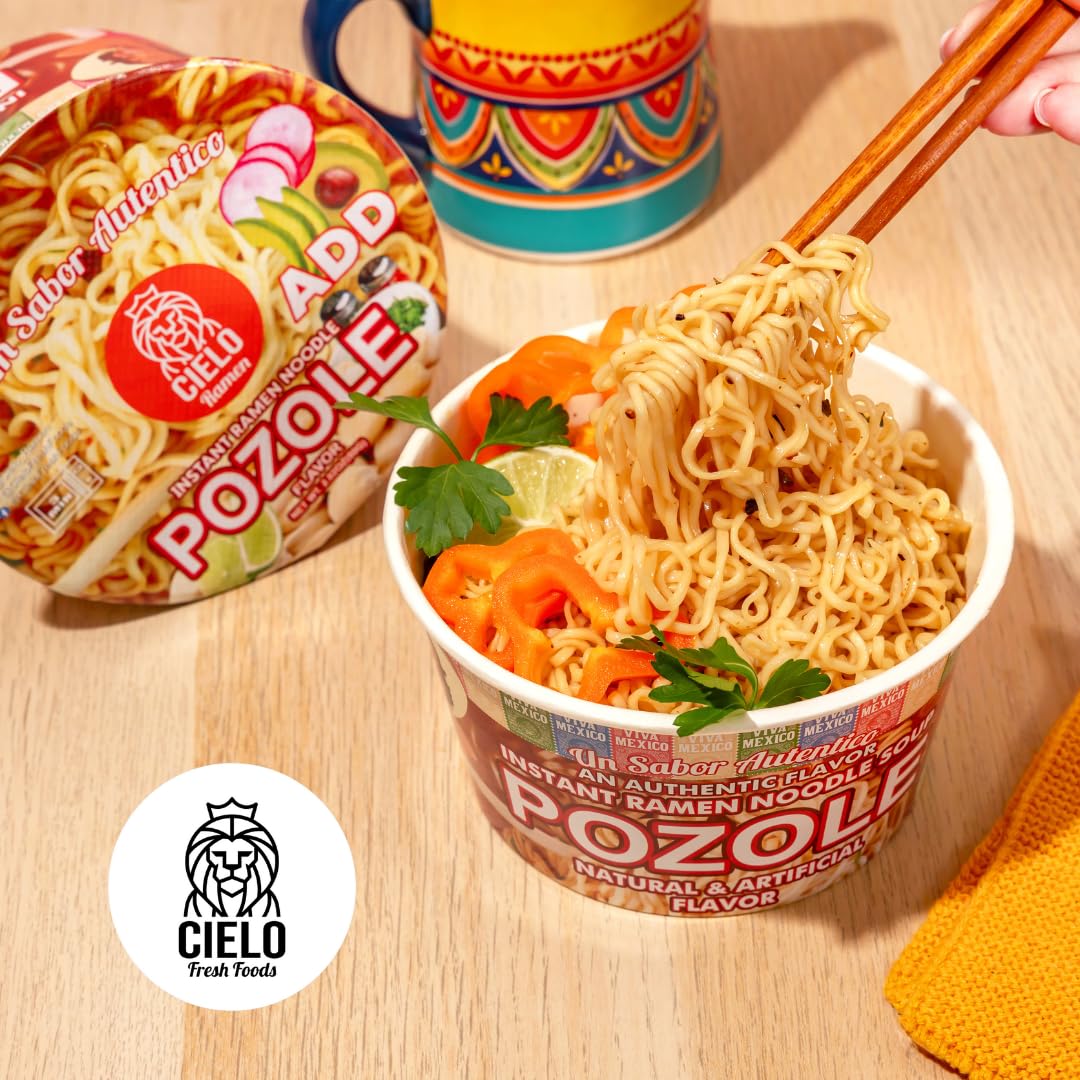Pozole Instant Ramen Noodle Soup, Authentic Mexican Pozole Sopa, No Trans Fat, 9g Protein, Ready to Eat 3 Minute Meal, 6-Pack of 2.82oz Ramen Bowls