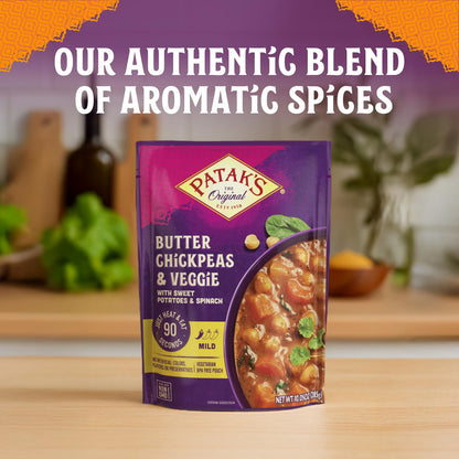 Patak’s Butter Chickpeas & Veggies - Vegetarian Ready to Eat Meal - Mild Indian Curry w/Chickpeas, Spinach & Veggies - Microwave Meal for Quick Dinners - Serve with Rice or Naan - 10.5oz (Pack of 3)