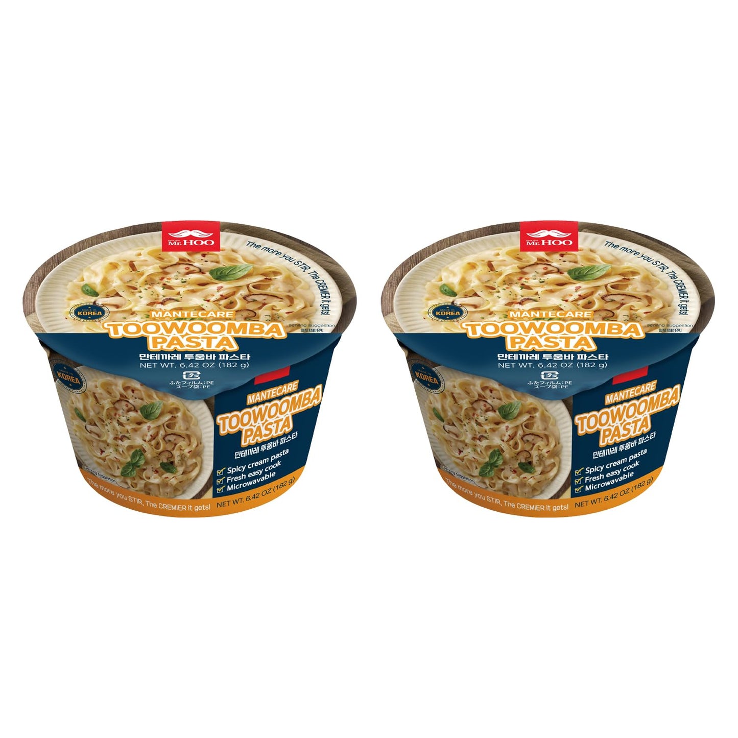 Mr.HOO Toowoomba Pasta Spicy Cream Noodle Cup (6.42oz x 2-Pack Set) – Big Bowl Ramen, Italian-Style, Chewy Noodles, Creamy & Spicy Flavor, Easy 3-Minute Microwave Meal