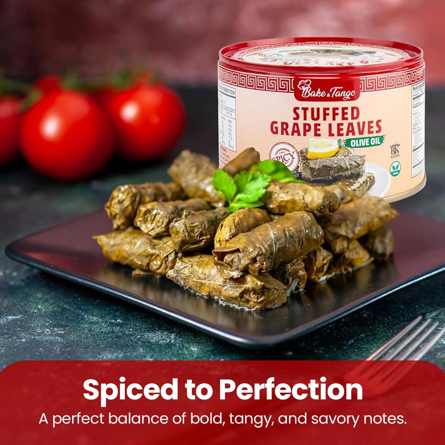 Bake and Tango Spicy Stuffed Grape Leaves with Olive Oil, 14 oz | Authentic Mediterranean Recipe, Premium Quality, Ready-to-Eat, Vegan and Gluten-Free Appetizer or Snack
