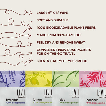 Bamboo Deodorant Wipes - 30 count - Individually Packaged - Aromatherapy Scents (Lemon, Lavender, Aloe and Coconut) (30 count, Lemon)