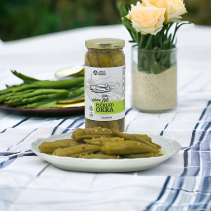 Lara's Crisp and Hot Pickled Okra – (Pack of 1, 16 fl oz) – Zesty Southern Style Spicy Okra, Ideal for Charcuterie Boards, Gourmet Snacks, and Cocktails – Gluten-Free, All-Natural, Vegan-Friendly