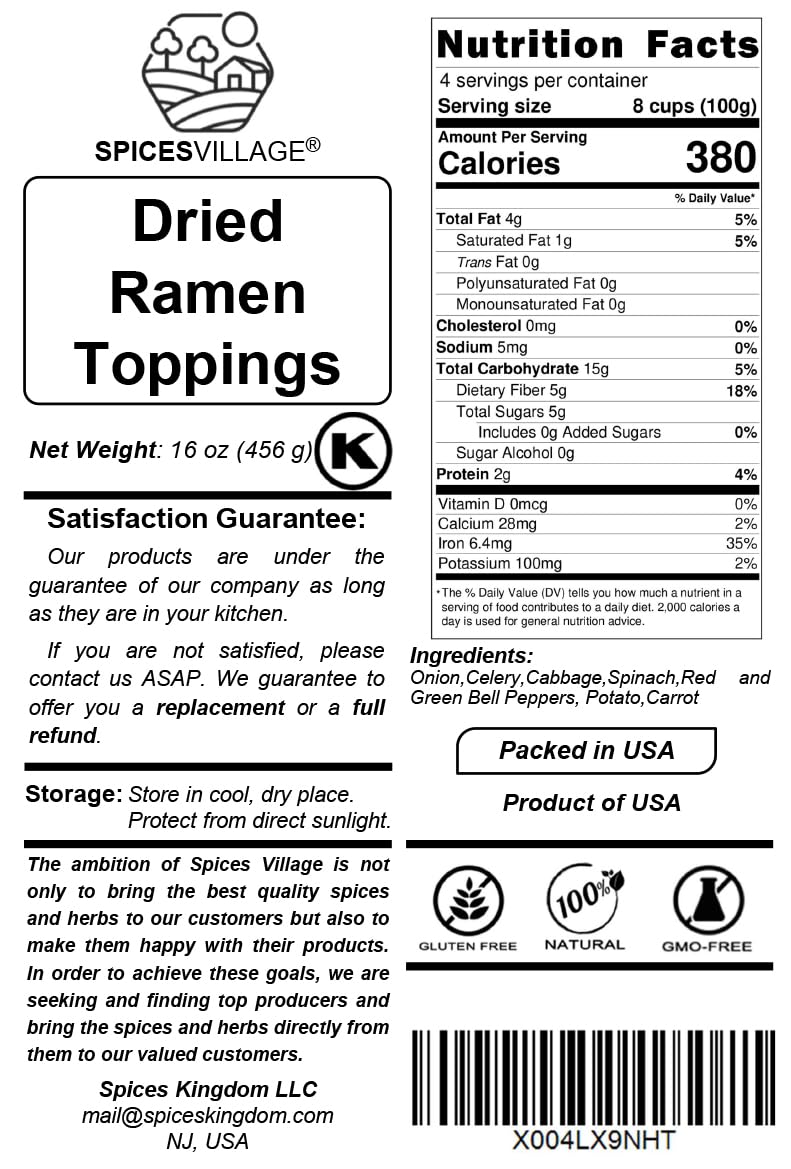 Spices Village Dried Vegetables, Dried Ramen Toppings, Less Carrots More Bell Pepppers, 16 oz, Non GMO, Kosher