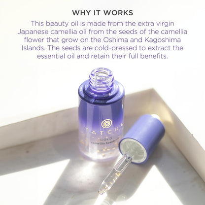 TATCHA Gold Camellia Beauty Oil | Moisturizing Face, Body, and Hair Oil Infused with 23-karat Gold flakes | 30 ml / 1 oz