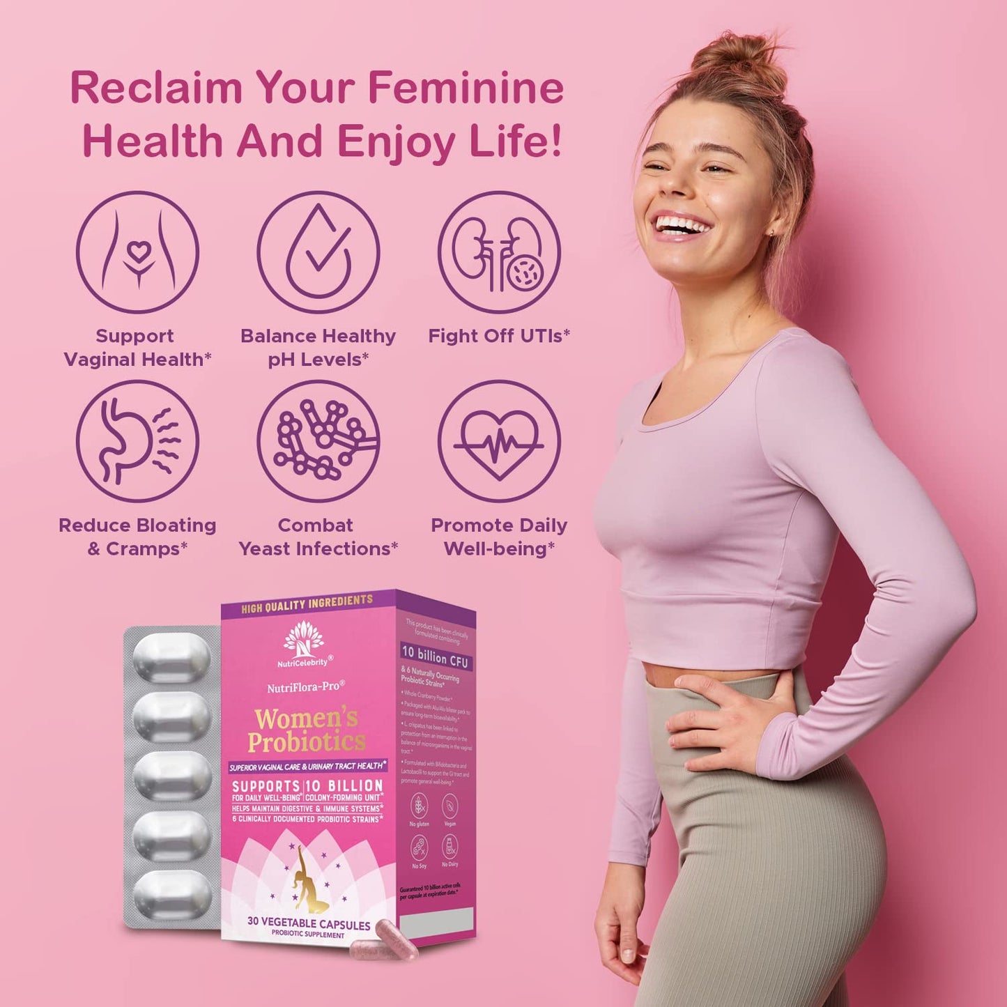NutriCelebrity NutriFlora-Pro Probiotics for Women - Support Vaginal, Urinary Health (UTI), Digestive System, Period Pain, Yeast, and BV Relief, Cranberry Pills, 10 Billion CFU 6 Strains (30 Caps)