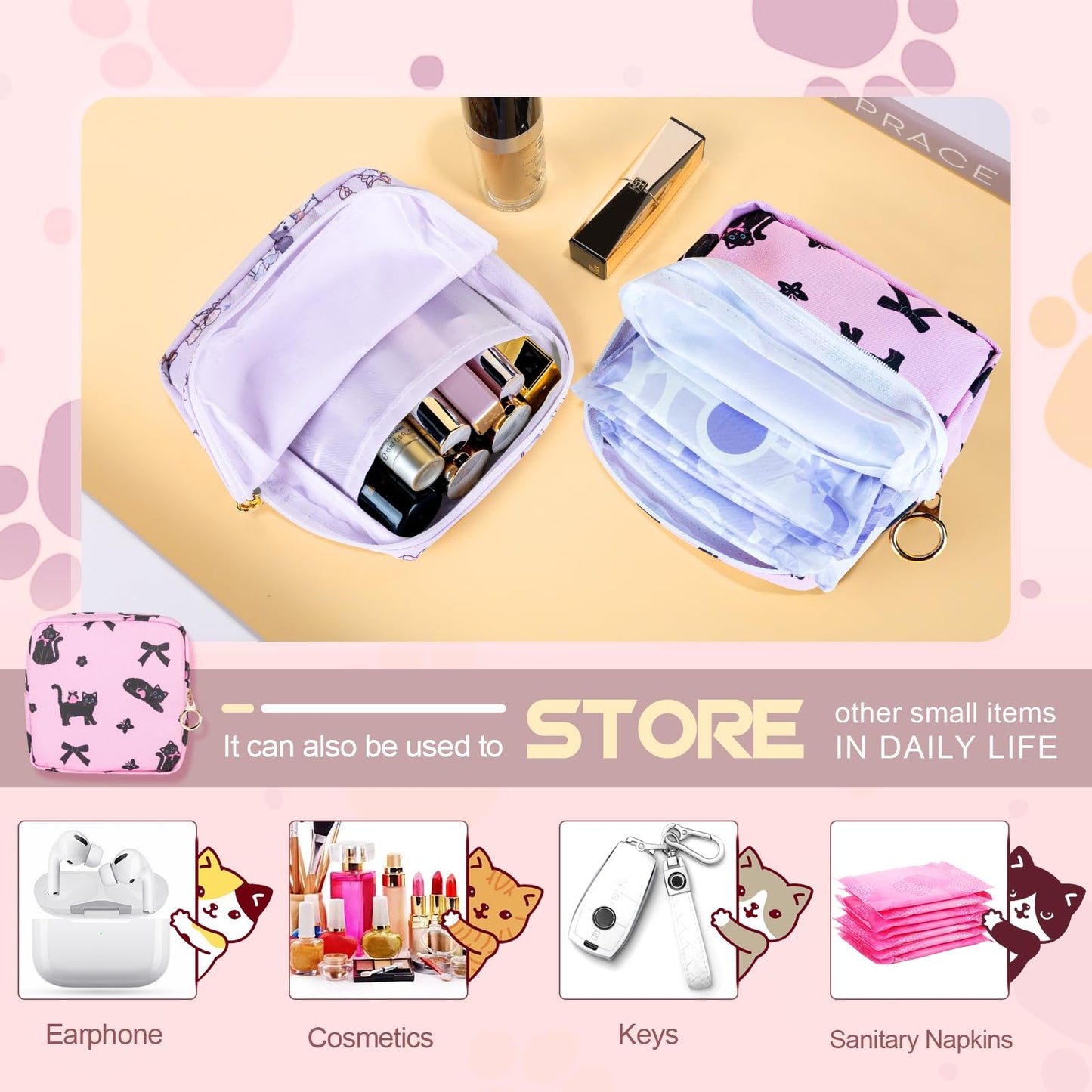 Tampon Holder for Purse, Canvas Period Bag Sanitary Napkin Storage Bag for Girls Womens, Portable Feminine Emergency Pad Period Pouch(Daisy Black Cat)