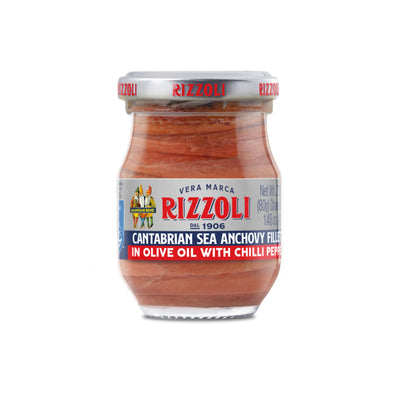 MANGIAR BENE RIZZOLI – Anchovies Fillets in Olive Oil & Chilli Pepper – 2.82oz Jar. (MSC-Certified Sustainable Seafood, From The Cantabrian Sea)