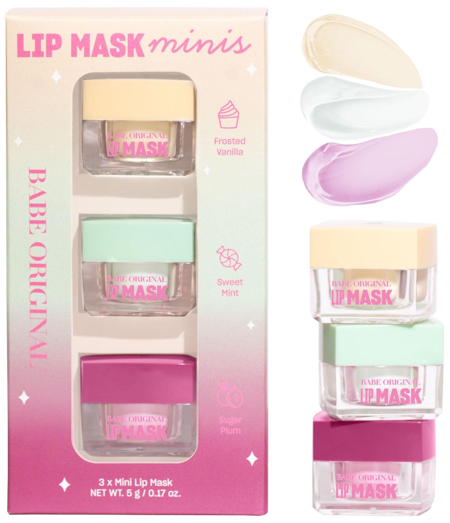 BABE ORIGINAL Lip Mask Minis Trio, Set of 3, Overnight Lip Mask for Dry Lips | Frosted Vanilla, Sweet Mint & Sugar Plum Scented | Vitamin E, Roship Oil & Hyaluronic Acid for Smoother, Moisturized Lips