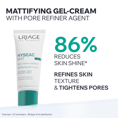 Uriage Hyseac Mat Mattifying Gel-Cream, Primer & Moisturizer, Reduces Skin Shine, Absorbs Excess Sebum, Tightens Pores, Ideal Makeup Base, Light Cream