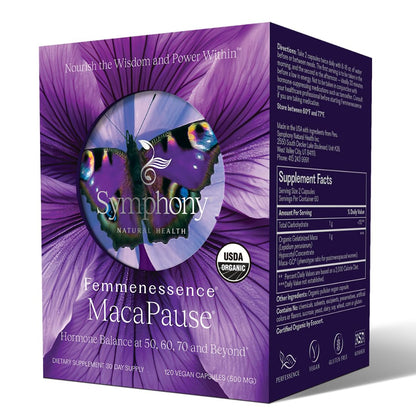 Femmenessence® MacaPause® – Clinically Proven Postmenopausal Organic Vegan Supplement for Natural Hormone Balance, Menopause Symptom Relief, Bone & Heart Health (120 Capsules, 30 Day Supply)
