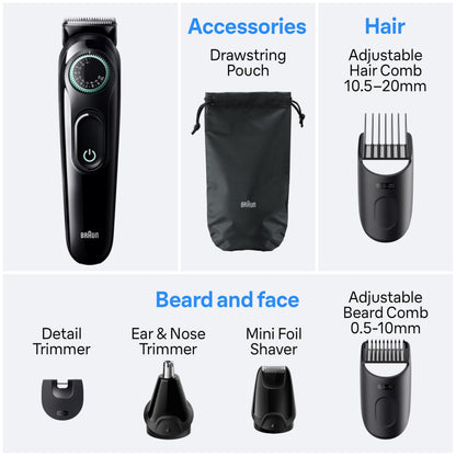 Braun All-in-One Style Kit Series 3 3470, 8-in-1 Trimmer for Men with BeardTrimmer, Ear & NoseTrimmer, Hair Clippers & More, Ultra-Sharp Blade, 40 Length Settings, Washable