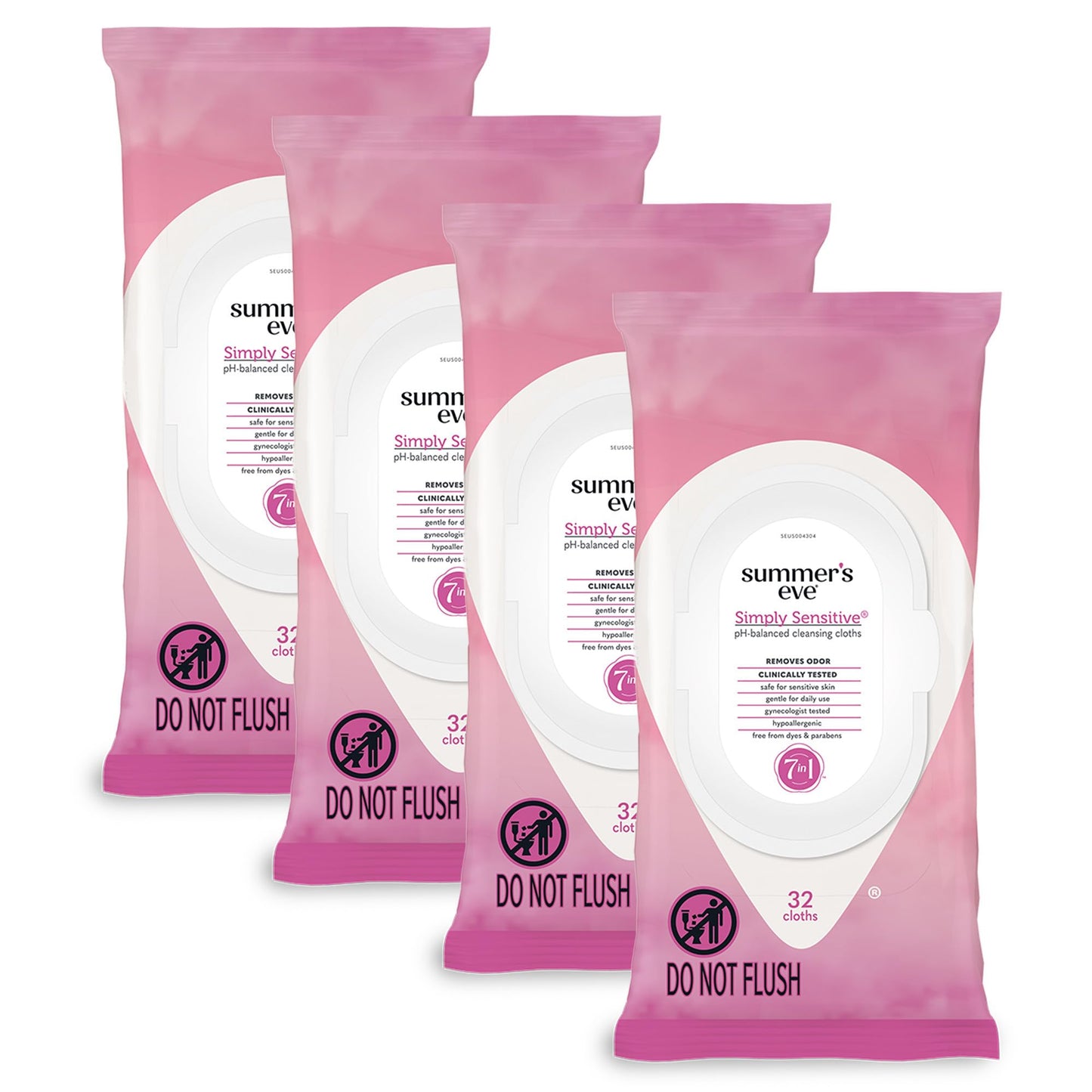Summer's Eve Simply Sensitive Feminine Wipes, Gentle pH-Balanced Micellar Water Based Formula Helps Control Vaginal Odor, Resealable Pack, 32 Wipes, Pack of 4