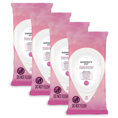 Summer's Eve Simply Sensitive Feminine Wipes, Gentle pH-Balanced Micellar Water Based Formula Helps Control Vaginal Odor, Resealable Pack, 32 Wipes, Pack of 4