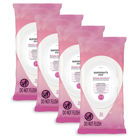 Summer's Eve Simply Sensitive Feminine Wipes, Gentle pH-Balanced Micellar Water Based Formula Helps Control Vaginal Odor, Resealable Pack, 32 Wipes, Pack of 4