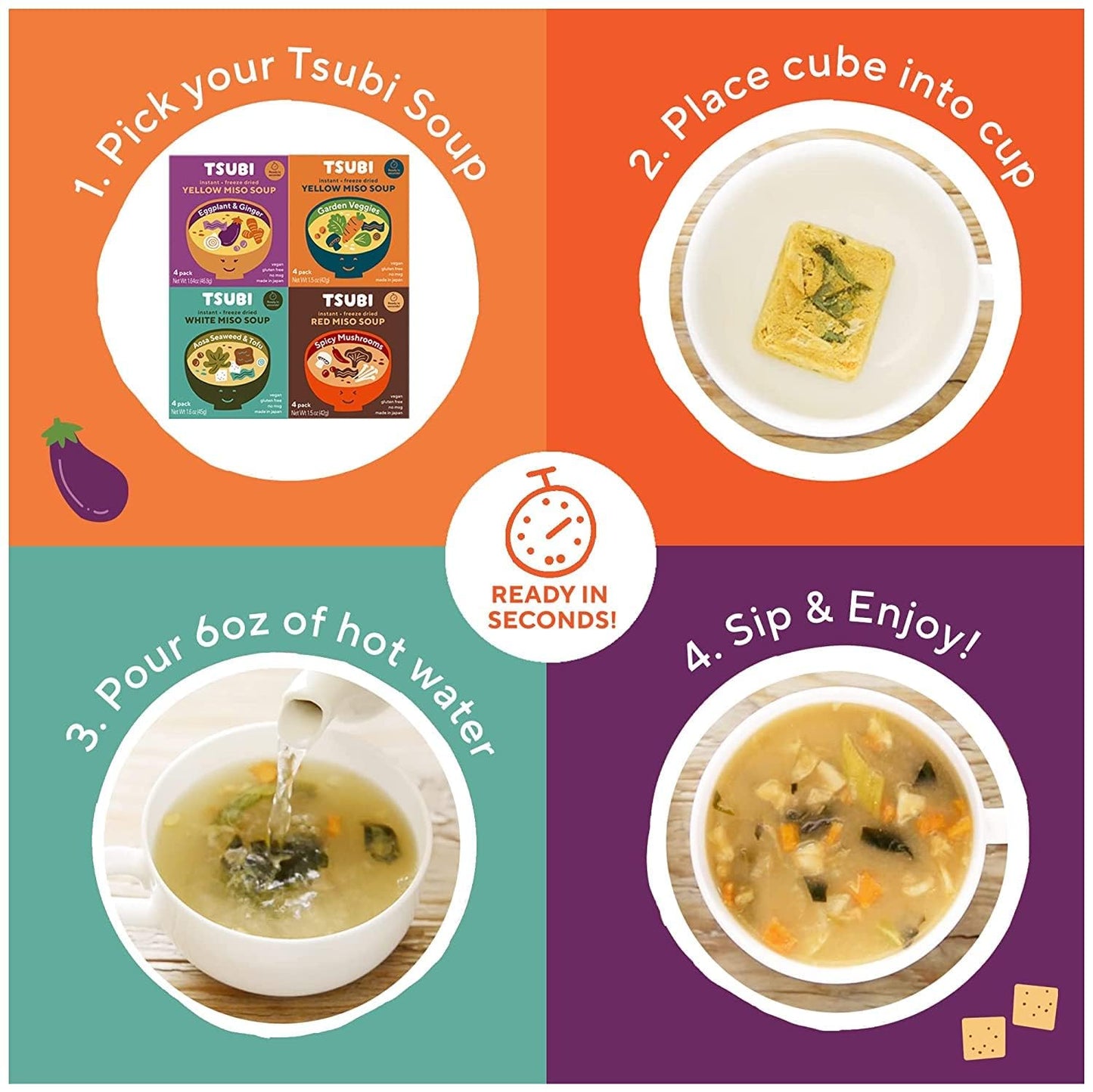 Tsubi Soup Freeze-Dried Japanese Miso Soup Packets - Instant, Vegan, Easy Mix, Gluten & MSG-Free, and Flavorful - Ready in Seconds -Made in Japan - Red Miso (Spicy Mushroom) - 4 Packs