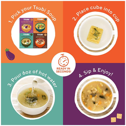 Tsubi Soup Freeze-Dried Japanese Miso Soup Packets - Instant, Vegan, Easy Mix, Gluten & MSG-Free, and Flavorful - Ready in Seconds -Made in Japan - Red Miso (Spicy Mushroom) - 4 Packs