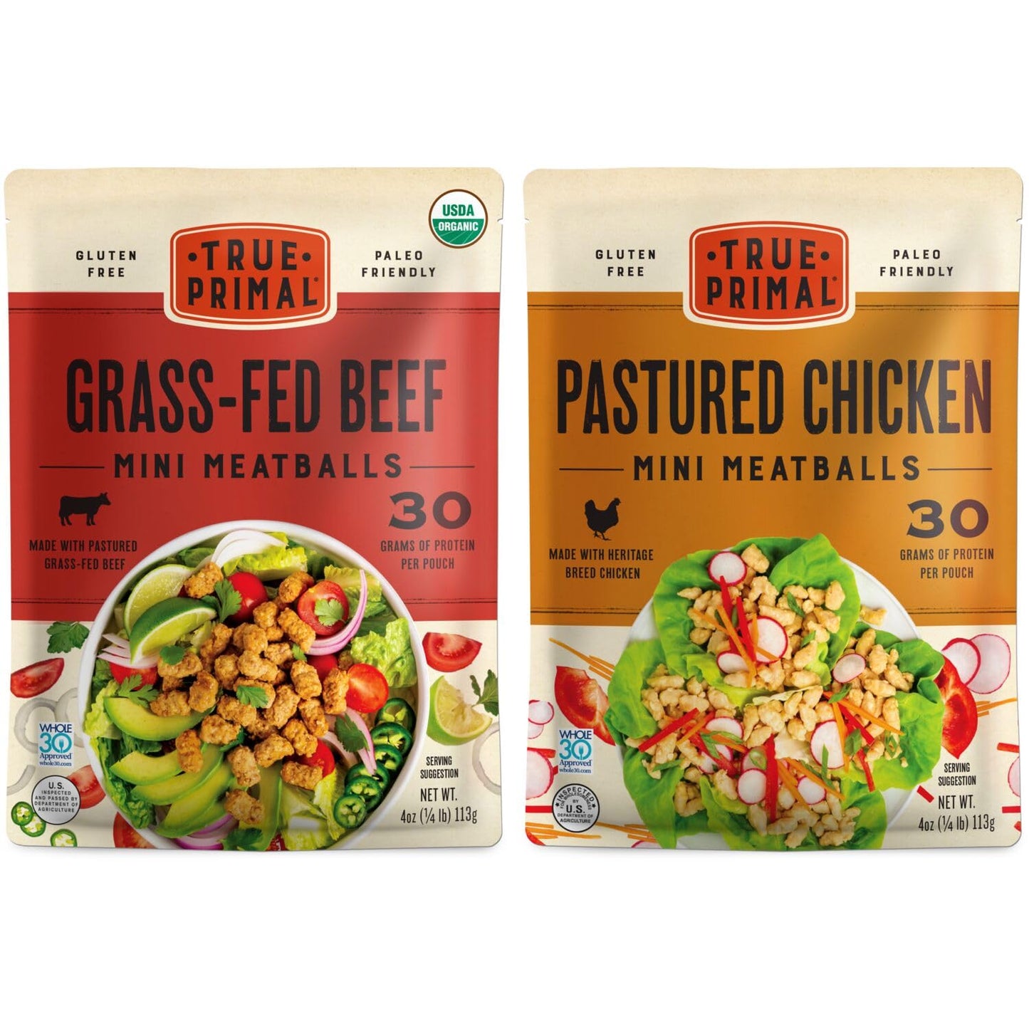 True Primal Mini Meatballs Variety Grass-fed Beef & Pastured Chicken 8-pack. Ready to eat. 1/4 lb fully cooked beef per pouch. Gluten free. Grain free. Paleo. Keto. Carnivore. Organic. Whole30. AIP.