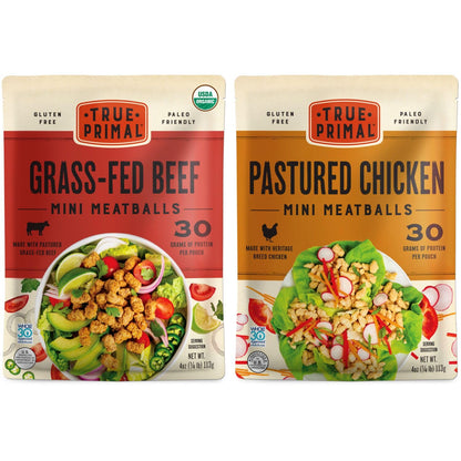 True Primal Mini Meatballs Variety Grass-fed Beef & Pastured Chicken 8-pack. Ready to eat. 1/4 lb fully cooked beef per pouch. Gluten free. Grain free. Paleo. Keto. Carnivore. Organic. Whole30. AIP.